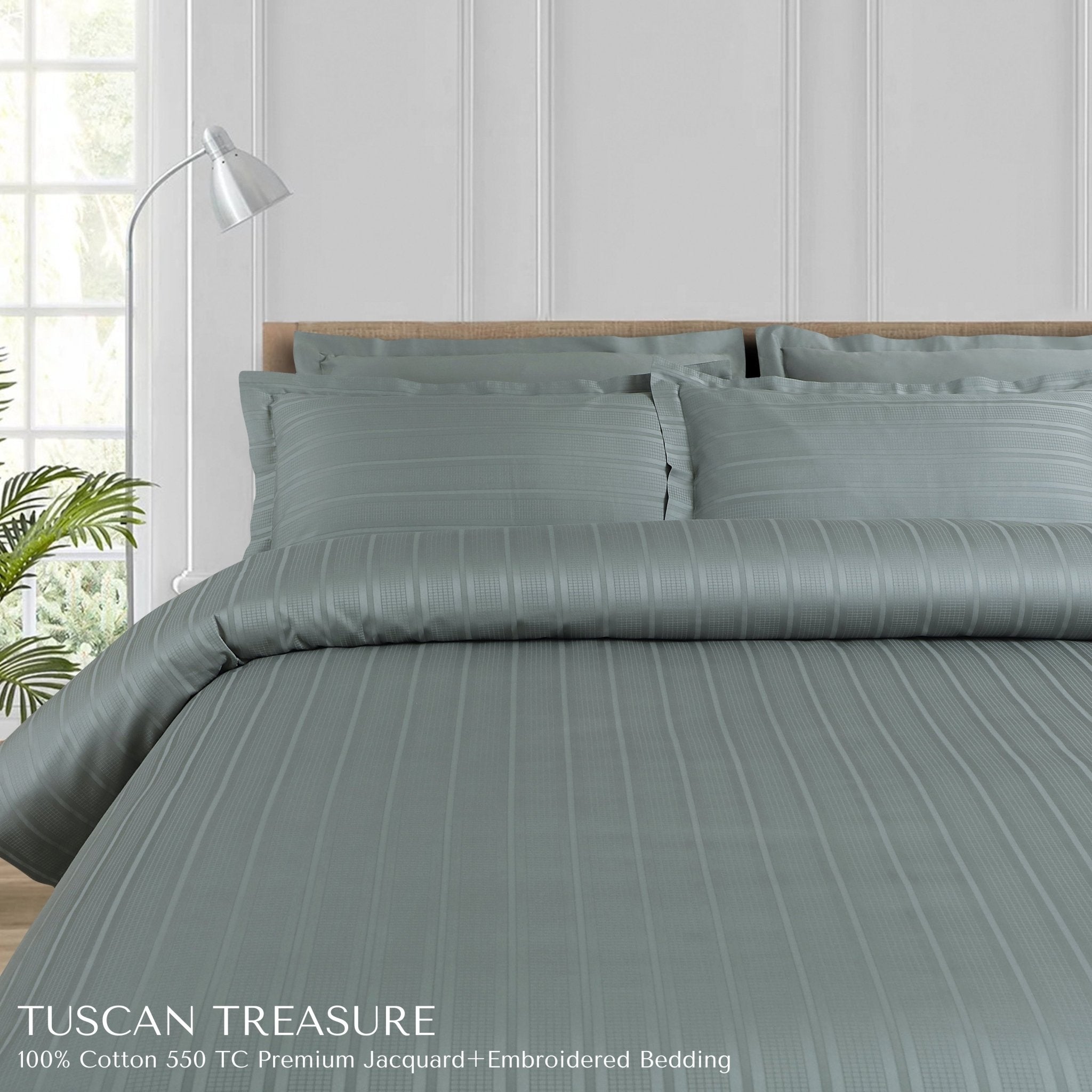Malako Tuscan Treasure Striped Jacquard + Embroidered Olive Green 550 TC 100% Cotton King Size Bedding - MALAKO