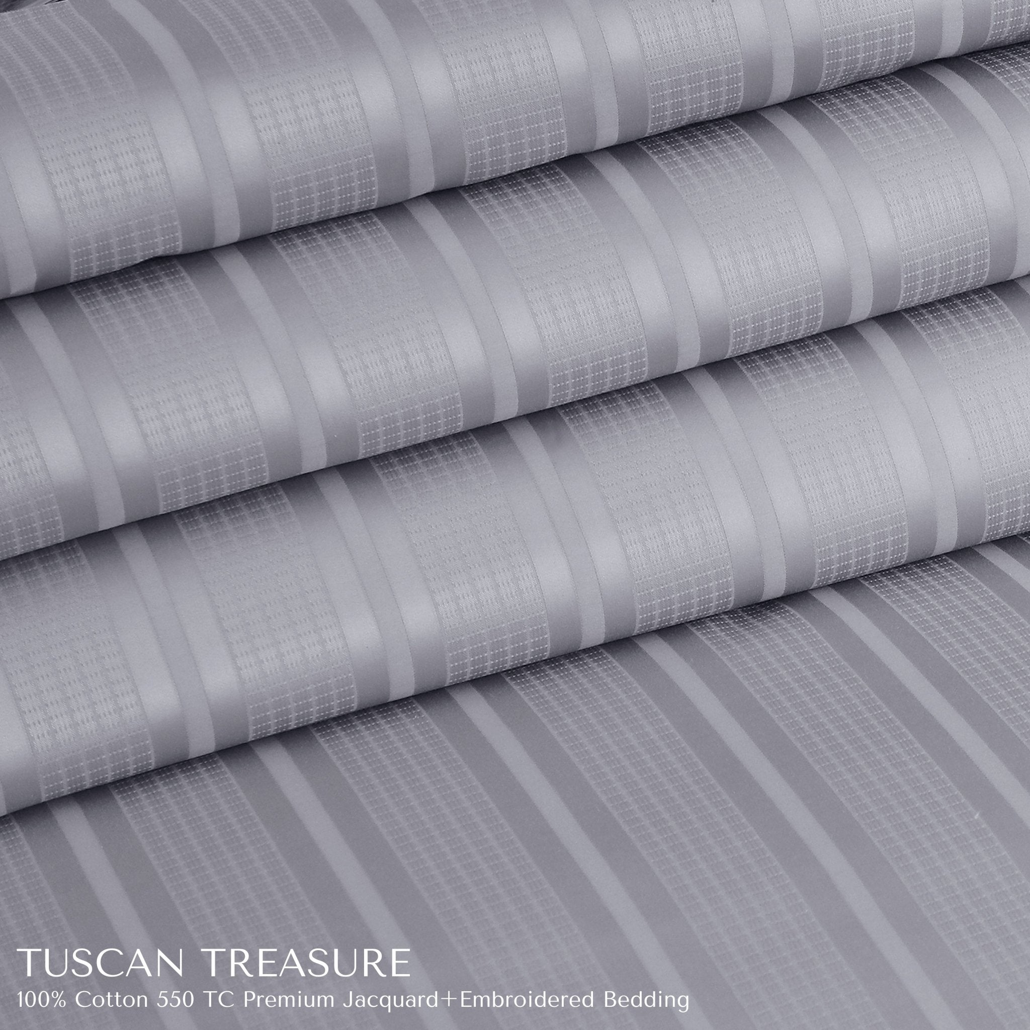 Malako Tuscan Treasure Striped Jacquard + Embroidered Silver Grey 550 TC 100% Cotton King Size Bedding - MALAKO