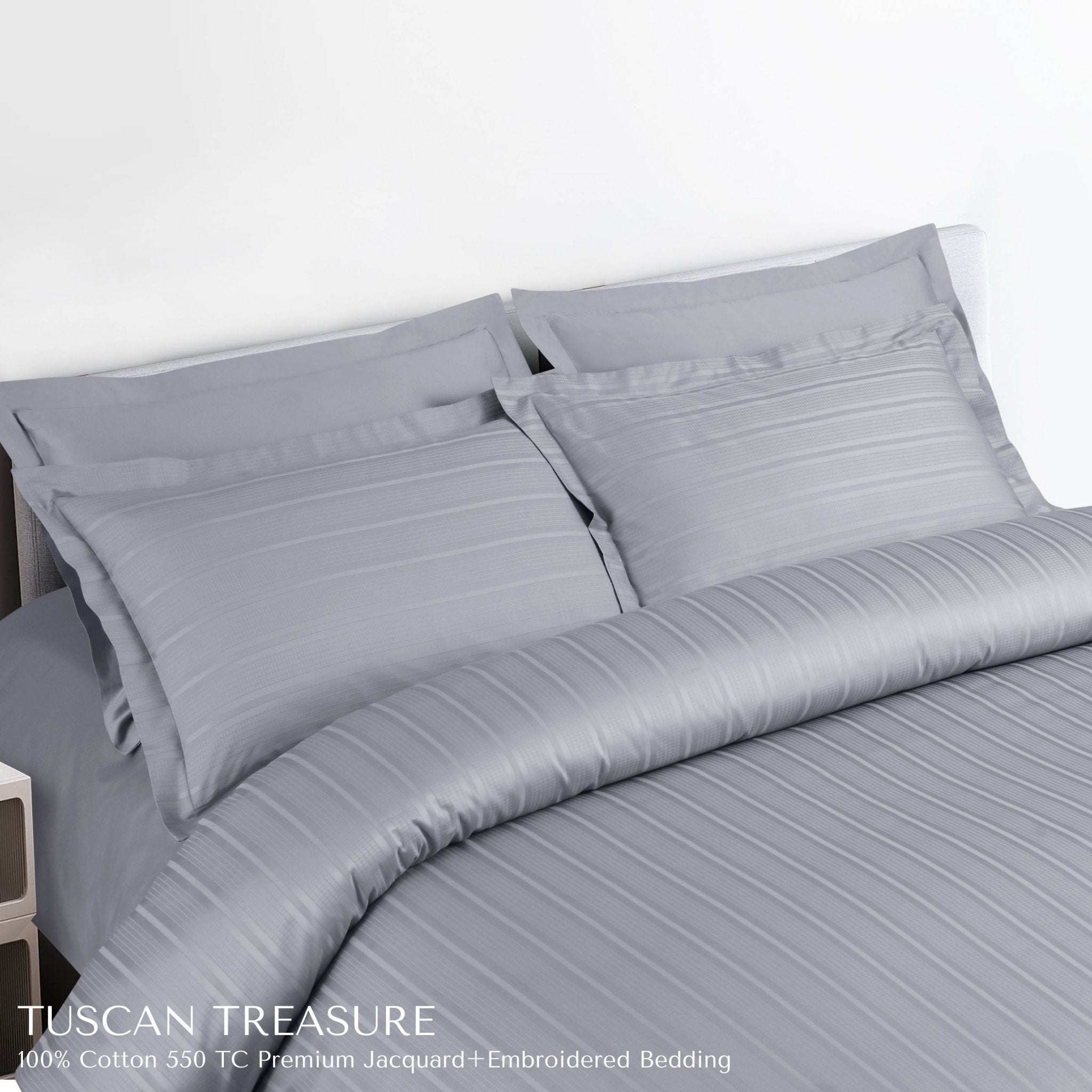 Malako Tuscan Treasure Striped Jacquard + Embroidered Silver Grey 550 TC 100% Cotton King Size Bedding - MALAKO