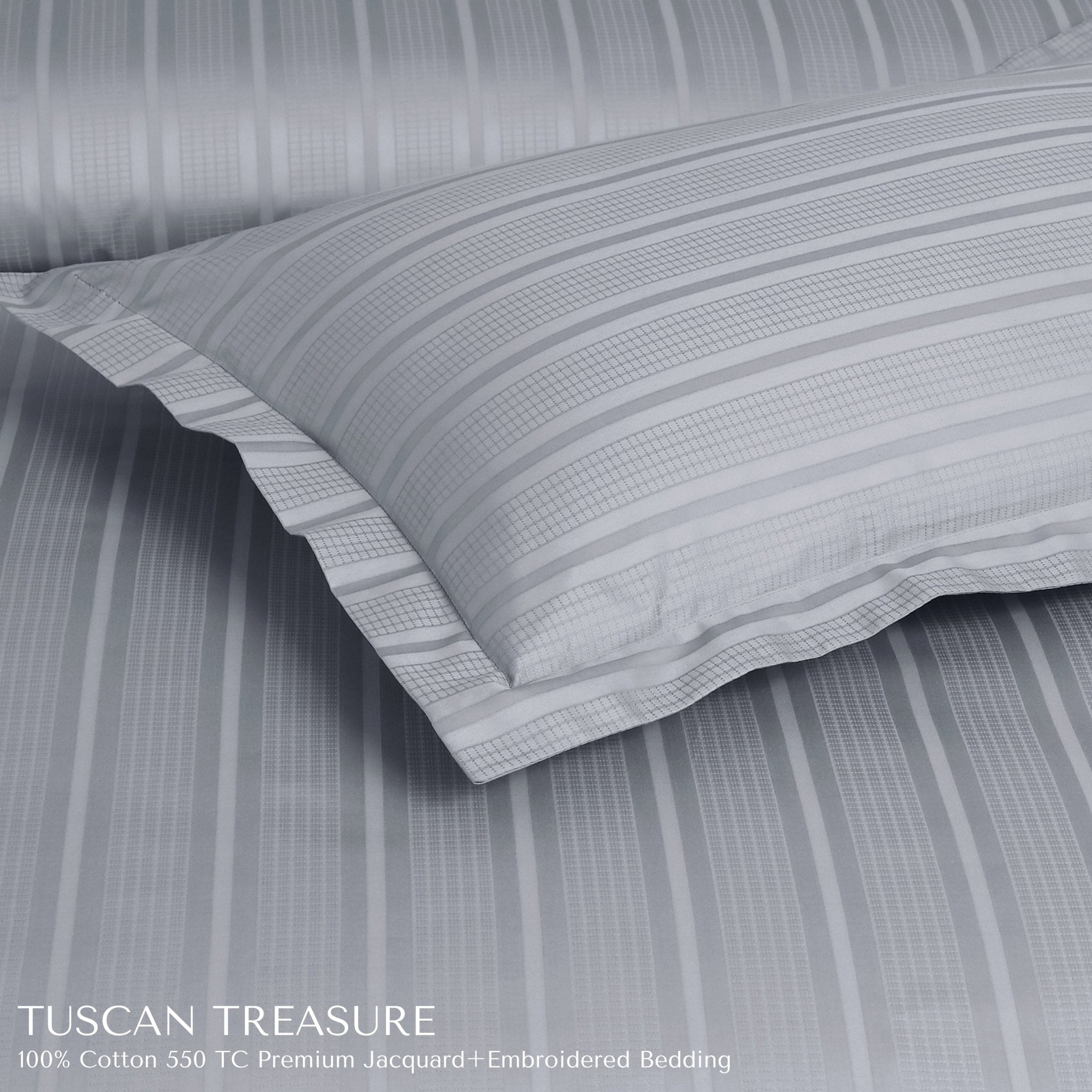 Malako Tuscan Treasure Striped Jacquard + Embroidered Silver Grey 550 TC 100% Cotton King Size Bedding - MALAKO