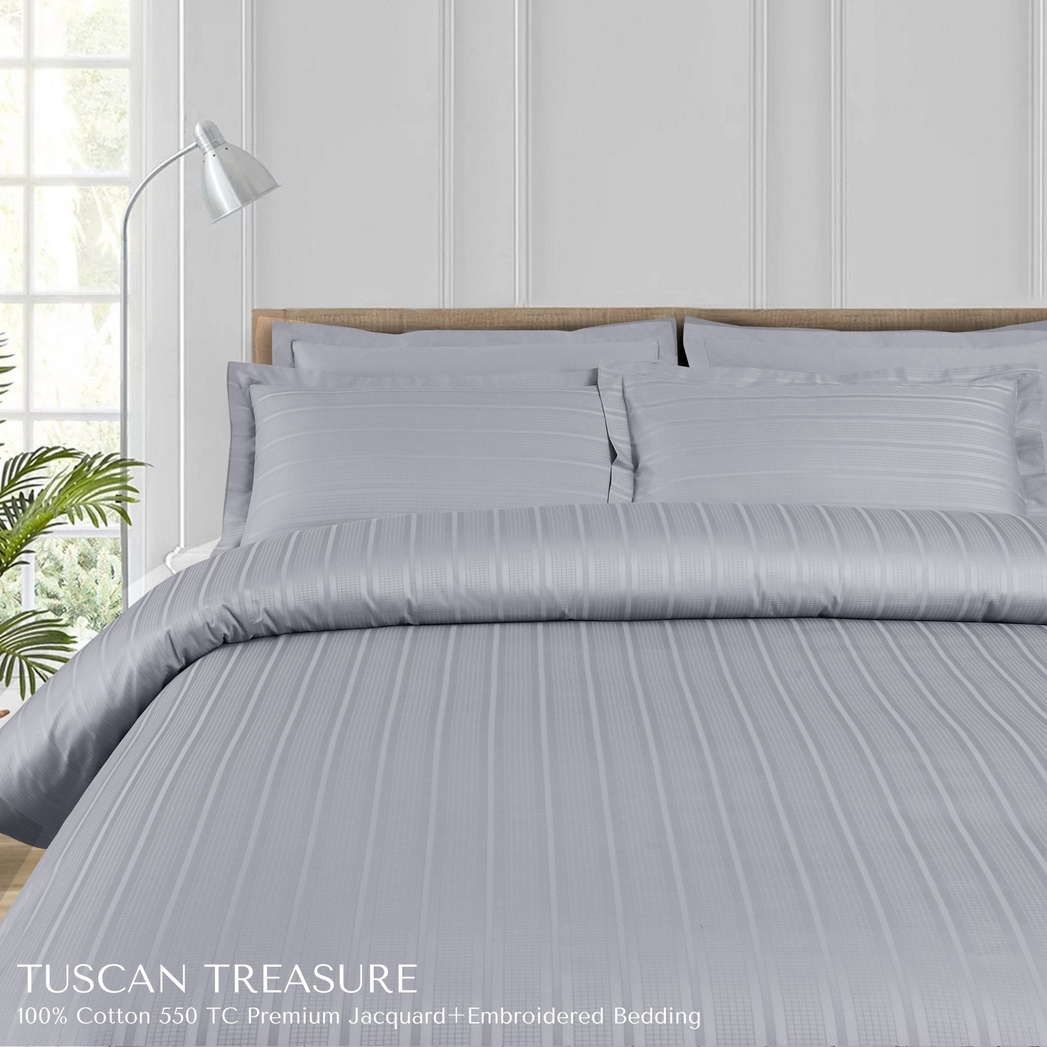Malako Tuscan Treasure Striped Jacquard + Embroidered Silver Grey 550 TC 100% Cotton King Size Bedding - MALAKO