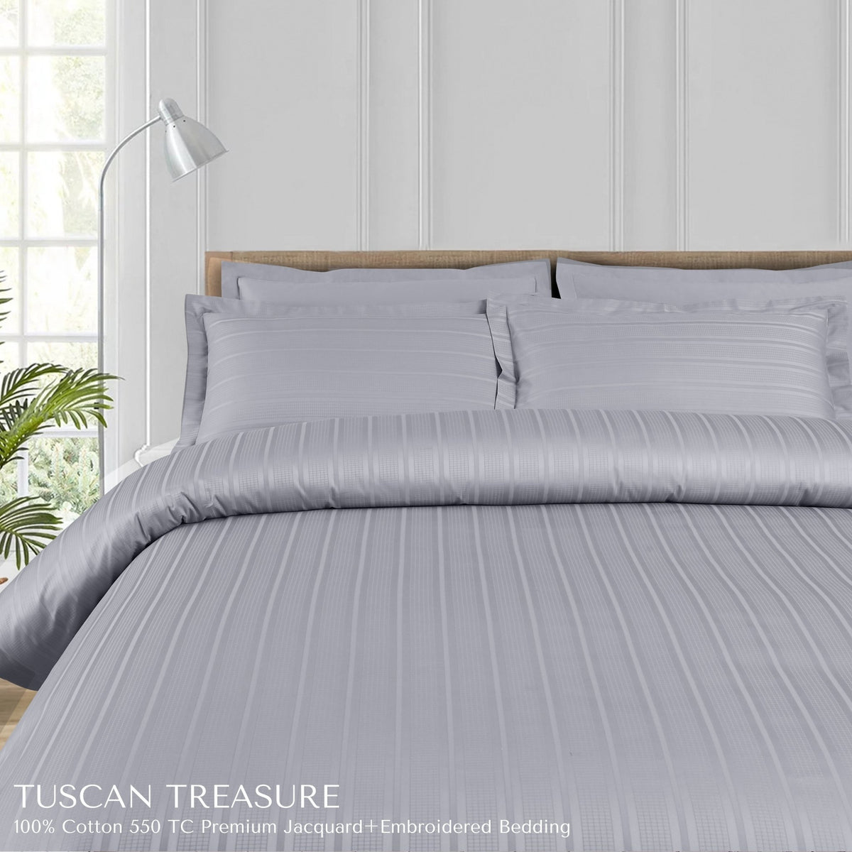 Malako Tuscan Treasure Striped Jacquard + Embroidered Silver Grey 550 TC 100% Cotton King Size Bedding - MALAKO