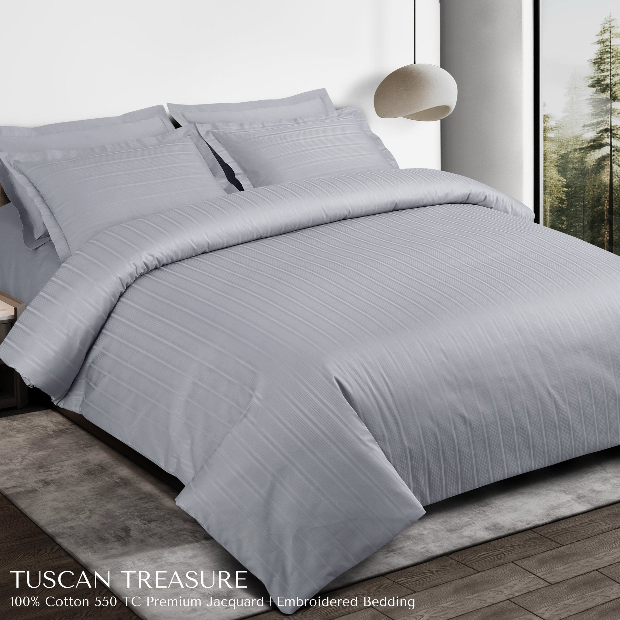 Malako Tuscan Treasure Striped Jacquard + Embroidered Silver Grey 550 TC 100% Cotton King Size Bedding - MALAKO