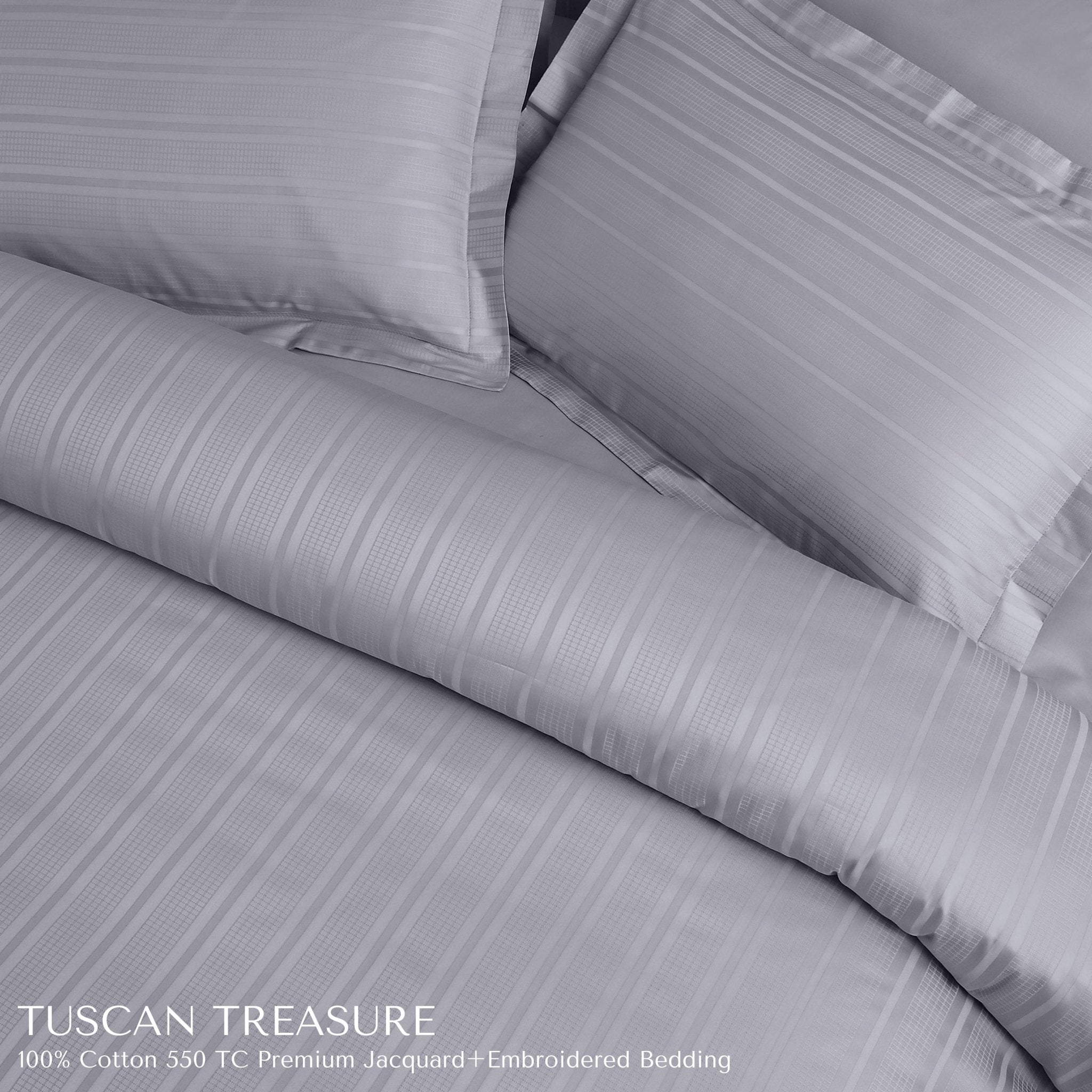 Malako Tuscan Treasure Striped Jacquard + Embroidered Silver Grey 550 TC 100% Cotton King Size Bedding - MALAKO