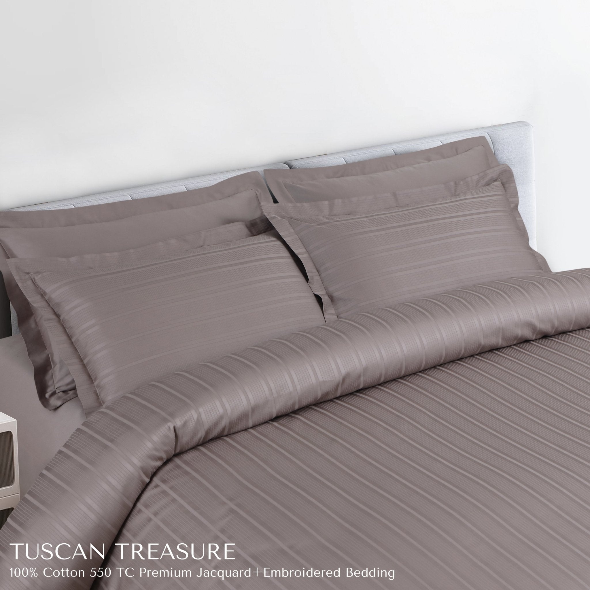 Malako Tuscan Treasure Striped Jacquard + Embroidered Taupe 550 TC 100% Cotton Duvet Cover - MALAKO