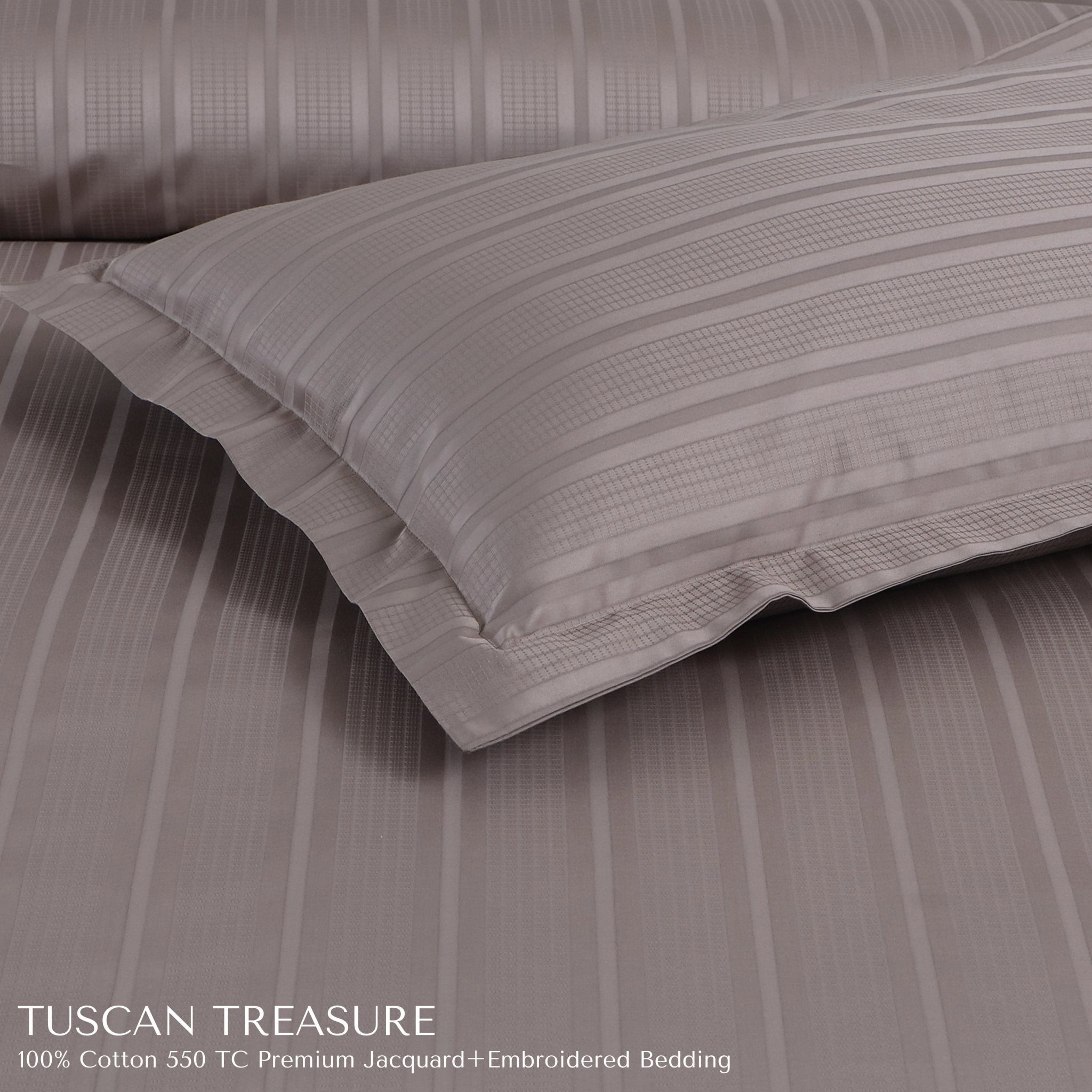Malako Tuscan Treasure Striped Jacquard + Embroidered Taupe 550 TC 100% Cotton Duvet Cover - MALAKO