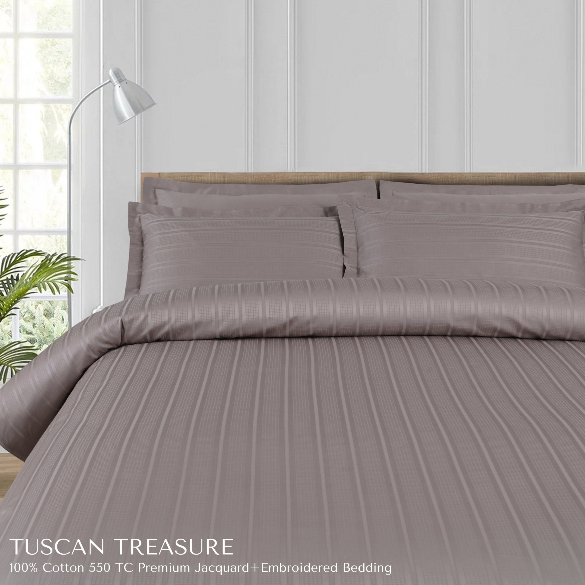 Malako Tuscan Treasure Striped Jacquard + Embroidered Taupe 550 TC 100% Cotton Duvet Cover - MALAKO