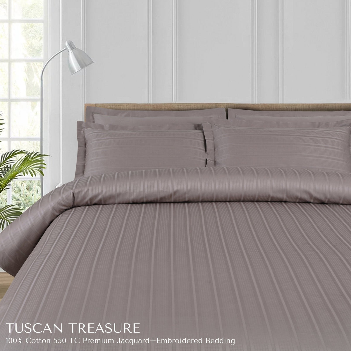 Malako Tuscan Treasure Striped Jacquard + Embroidered Taupe 550 TC 100% Cotton Duvet Cover - MALAKO