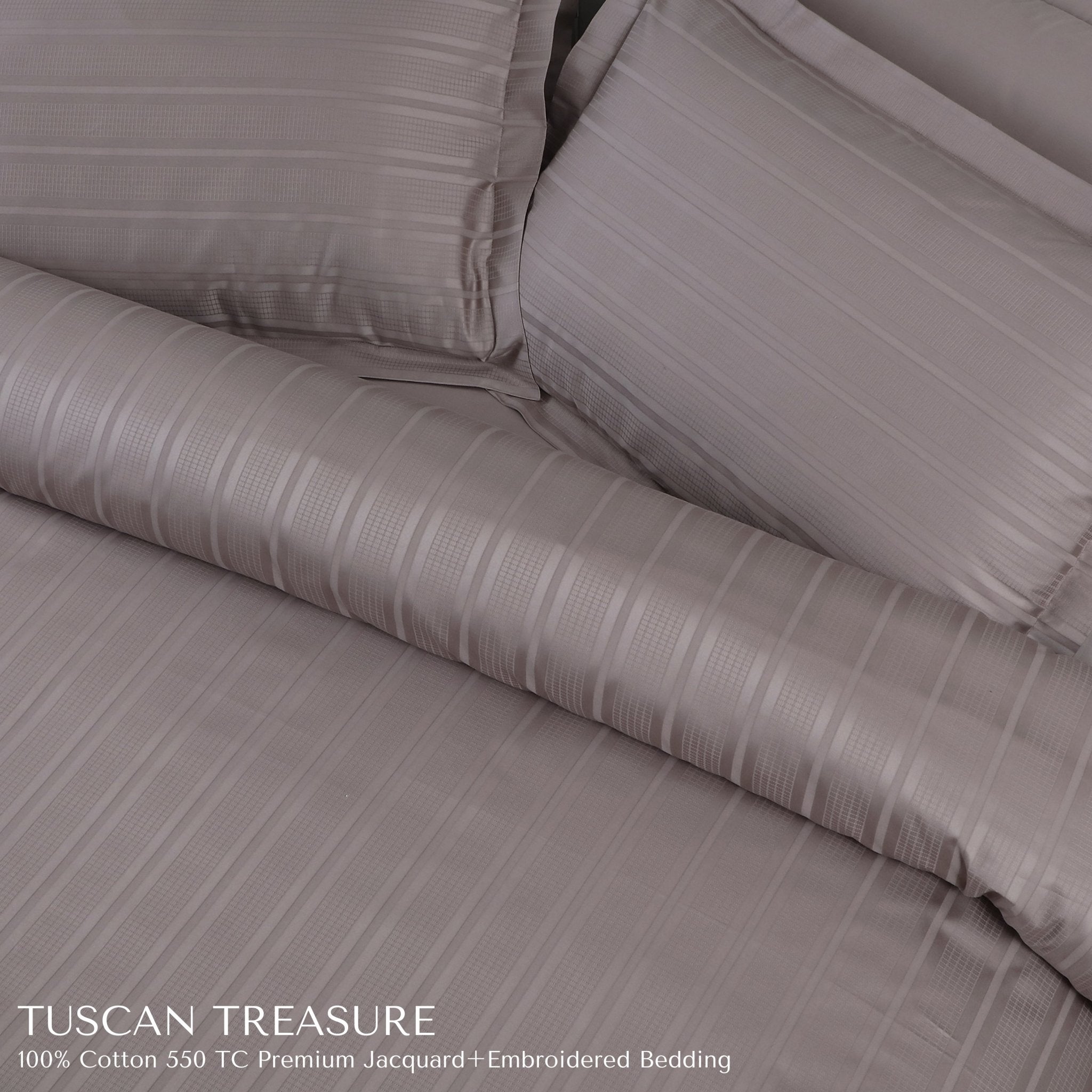 Malako Tuscan Treasure Striped Jacquard + Embroidered Taupe 550 TC 100% Cotton Duvet Cover - MALAKO