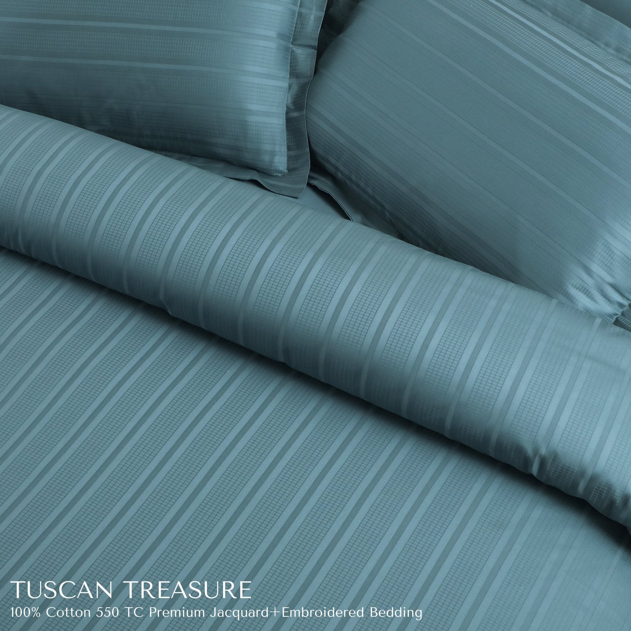 Malako Tuscan Treasure Striped Jacquard + Embroidered Teal Green 550 TC 100% Cotton King Size Bedding - MALAKO