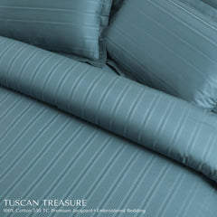 Malako Tuscan Treasure Striped Jacquard + Embroidered Teal Green 550 TC 100% Cotton King Size Bedding - MALAKO