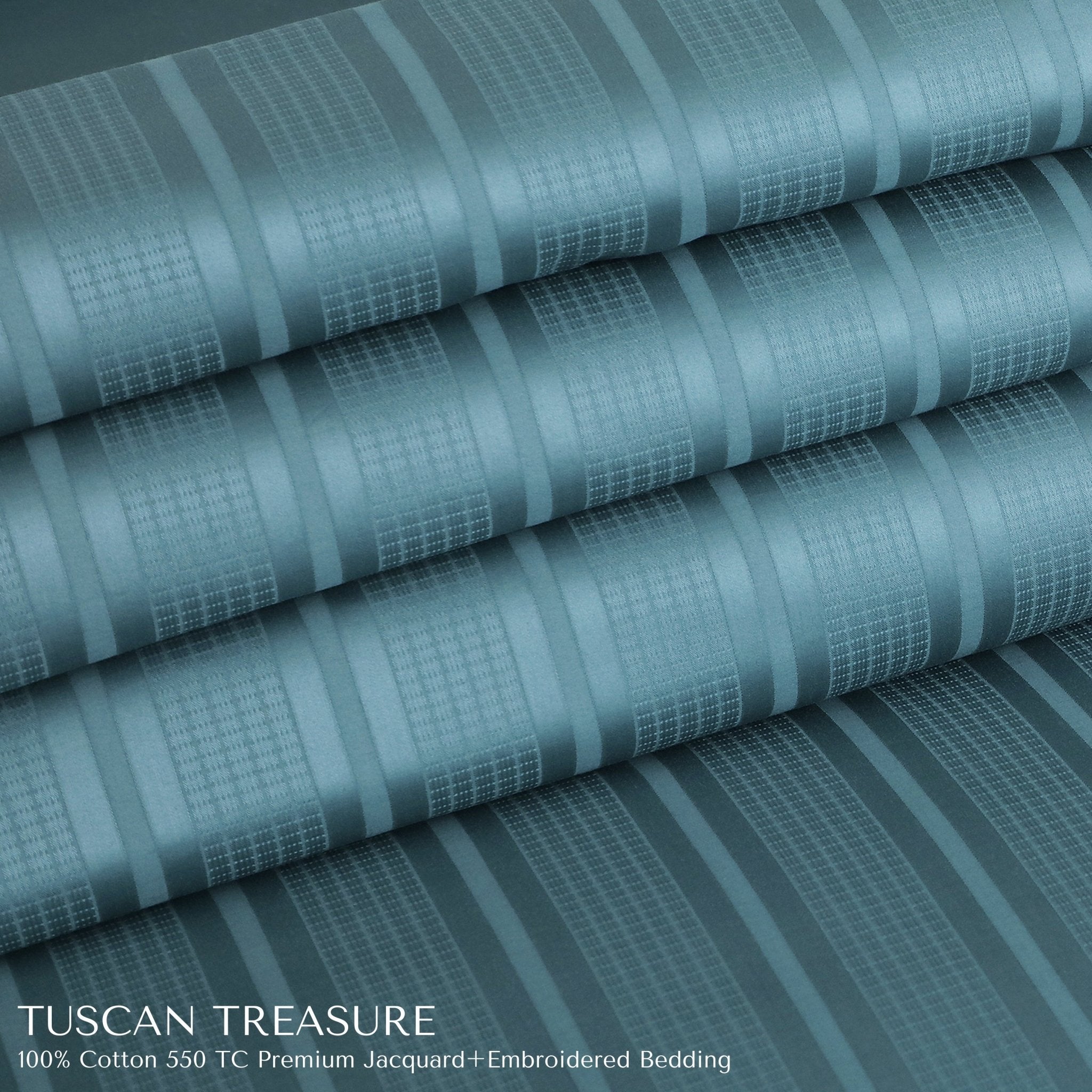 Malako Tuscan Treasure Striped Jacquard + Embroidered Teal Green 550 TC 100% Cotton King Size Bedding - MALAKO