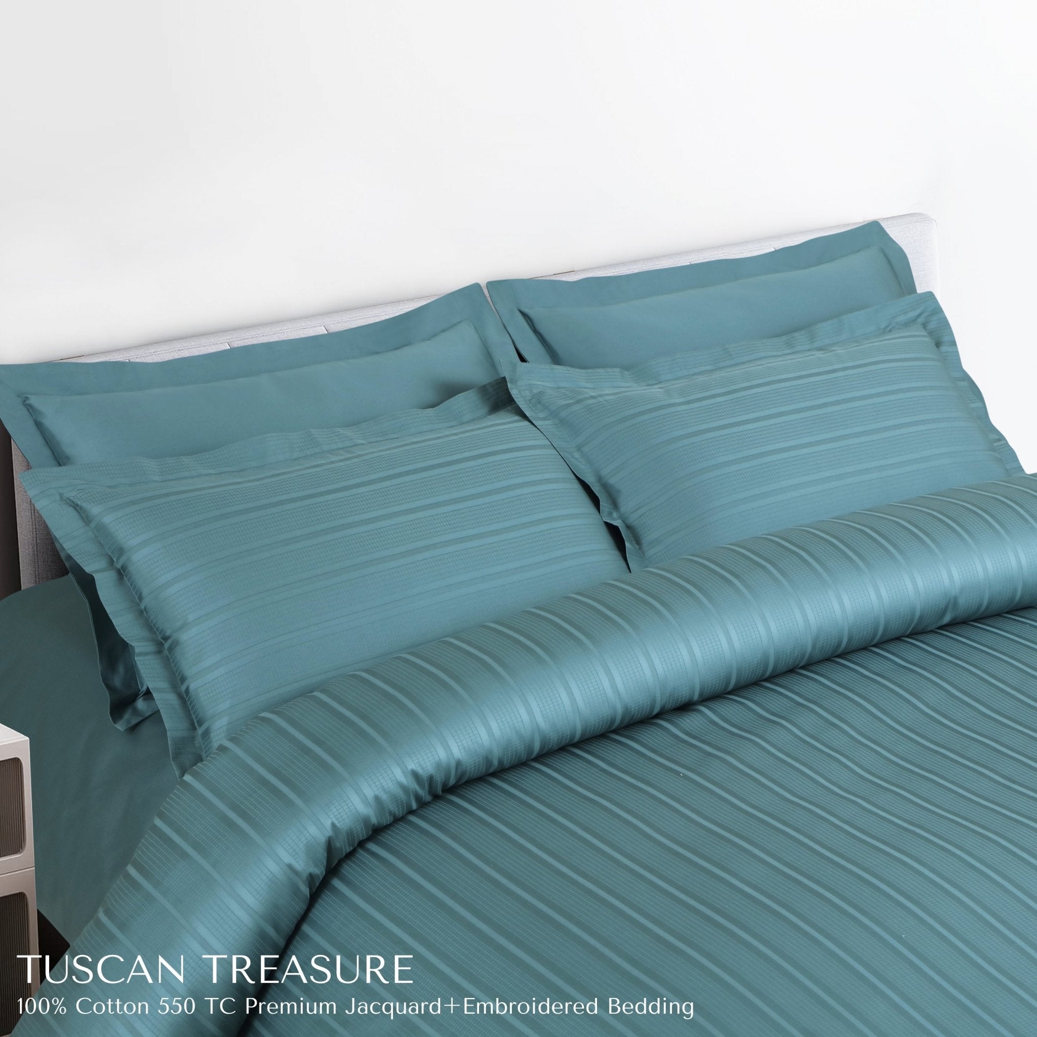 Malako Tuscan Treasure Striped Jacquard + Embroidered Teal Green 550 TC 100% Cotton King Size Bedding - MALAKO