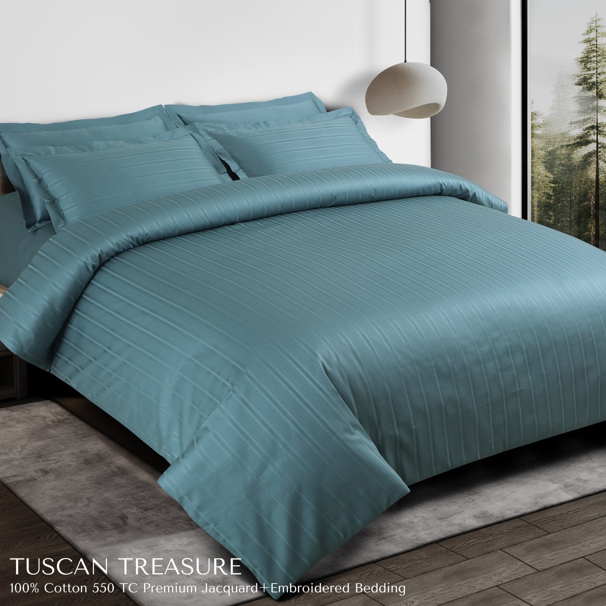 Malako Tuscan Treasure Striped Jacquard + Embroidered Teal Green 550 TC 100% Cotton King Size Bedding - MALAKO