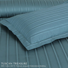 Malako Tuscan Treasure Striped Jacquard + Embroidered Teal Green 550 TC 100% Cotton King Size Bedding - MALAKO