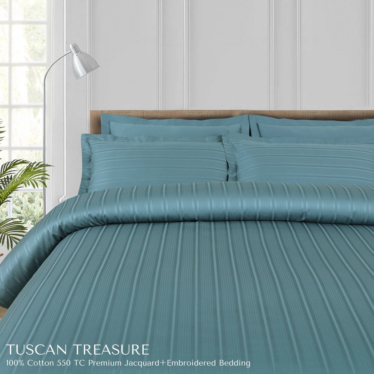 Malako Tuscan Treasure Striped Jacquard + Embroidered Teal Green 550 TC 100% Cotton King Size Bedding - MALAKO