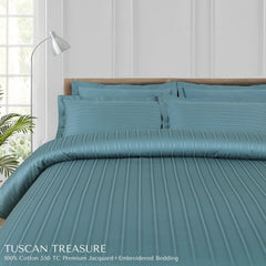 Malako Tuscan Treasure Striped Jacquard + Embroidered Teal Green 550 TC 100% Cotton King Size Bedding - MALAKO