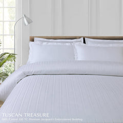 Malako Tuscan Treasure Striped Jacquard + Embroidered White 550 TC 100% Cotton Duvet Cover - MALAKO