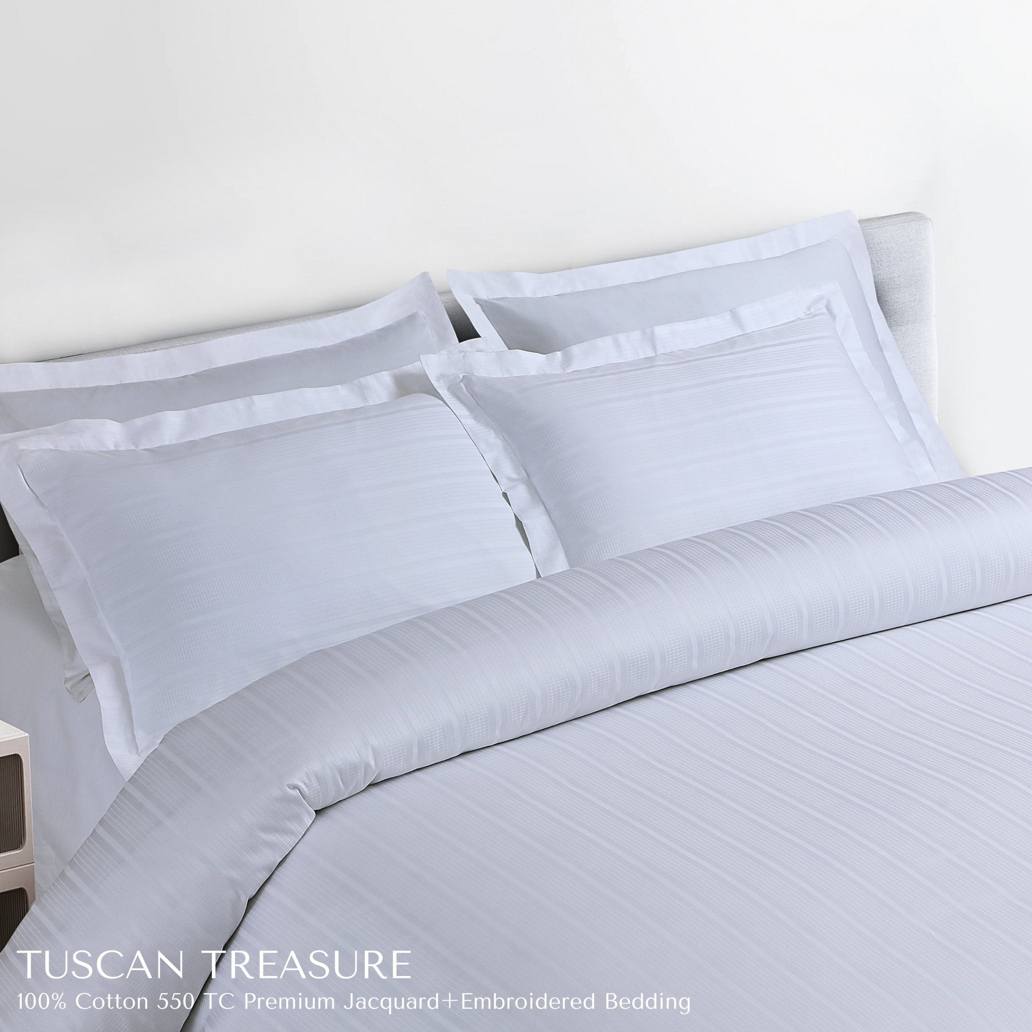 Malako Tuscan Treasure Striped Jacquard + Embroidered White 550 TC 100% Cotton King Size Bedding - MALAKO