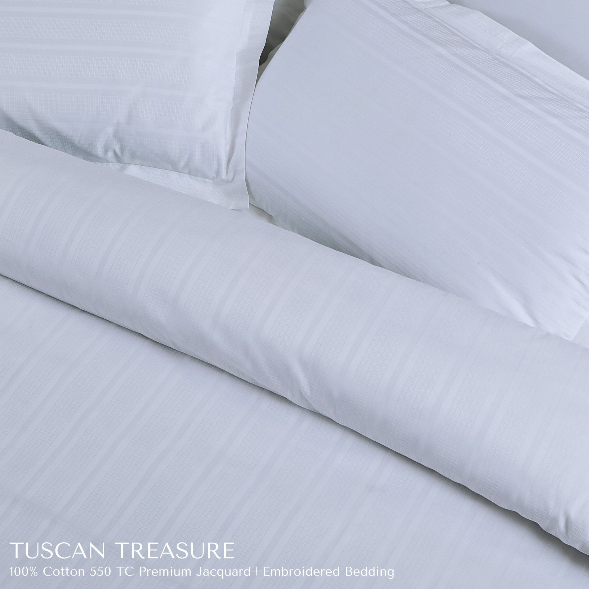 Malako Tuscan Treasure Striped Jacquard + Embroidered White 550 TC 100% Cotton King Size Bedding - MALAKO