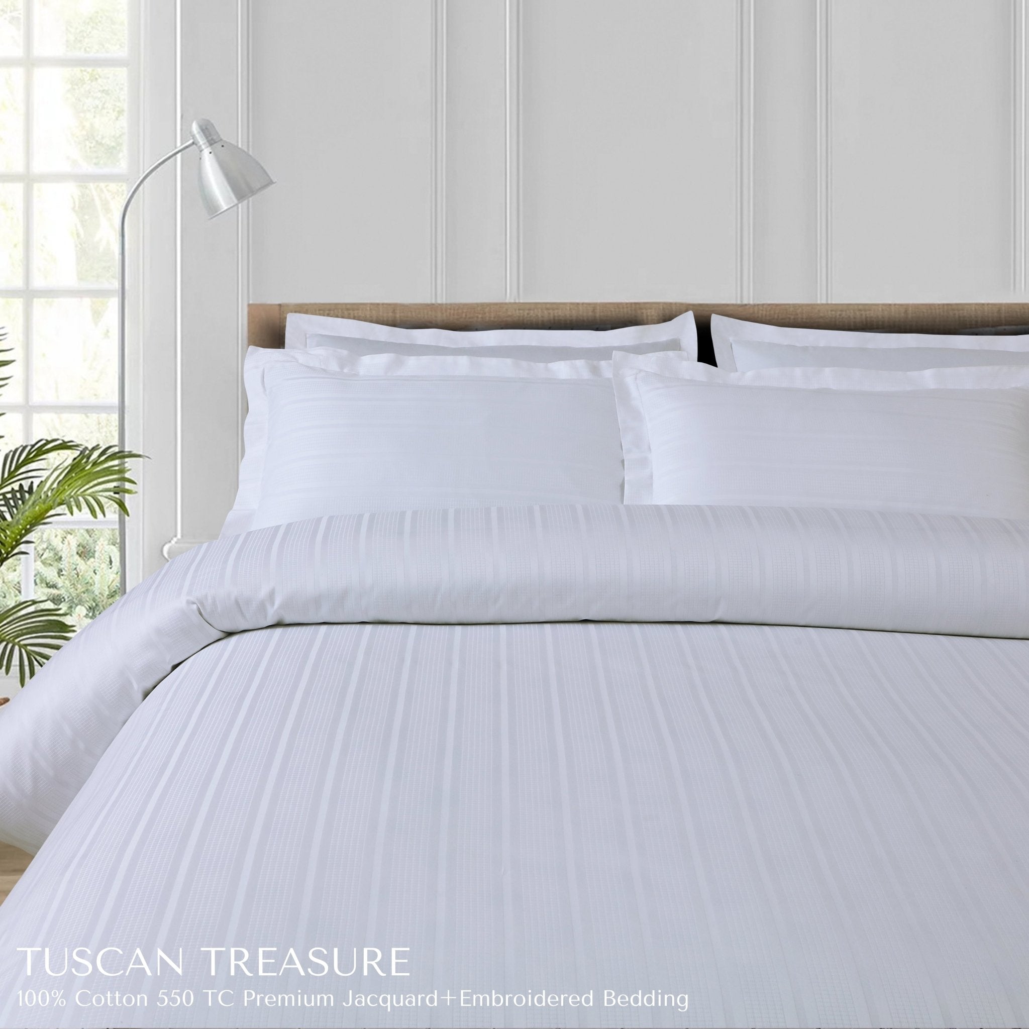 Malako Tuscan Treasure Striped Jacquard + Embroidered White 550 TC 100% Cotton King Size Bedding - MALAKO