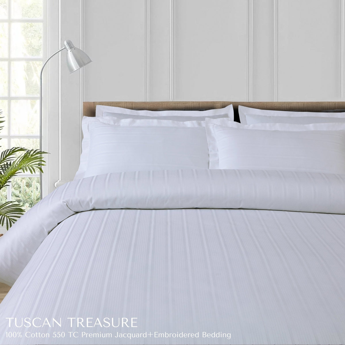 Malako Tuscan Treasure Striped Jacquard + Embroidered White 550 TC 100% Cotton King Size Bedding - MALAKO
