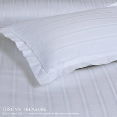 Malako Tuscan Treasure Striped Jacquard + Embroidered White 550 TC 100% Cotton King Size Bedding - MALAKO