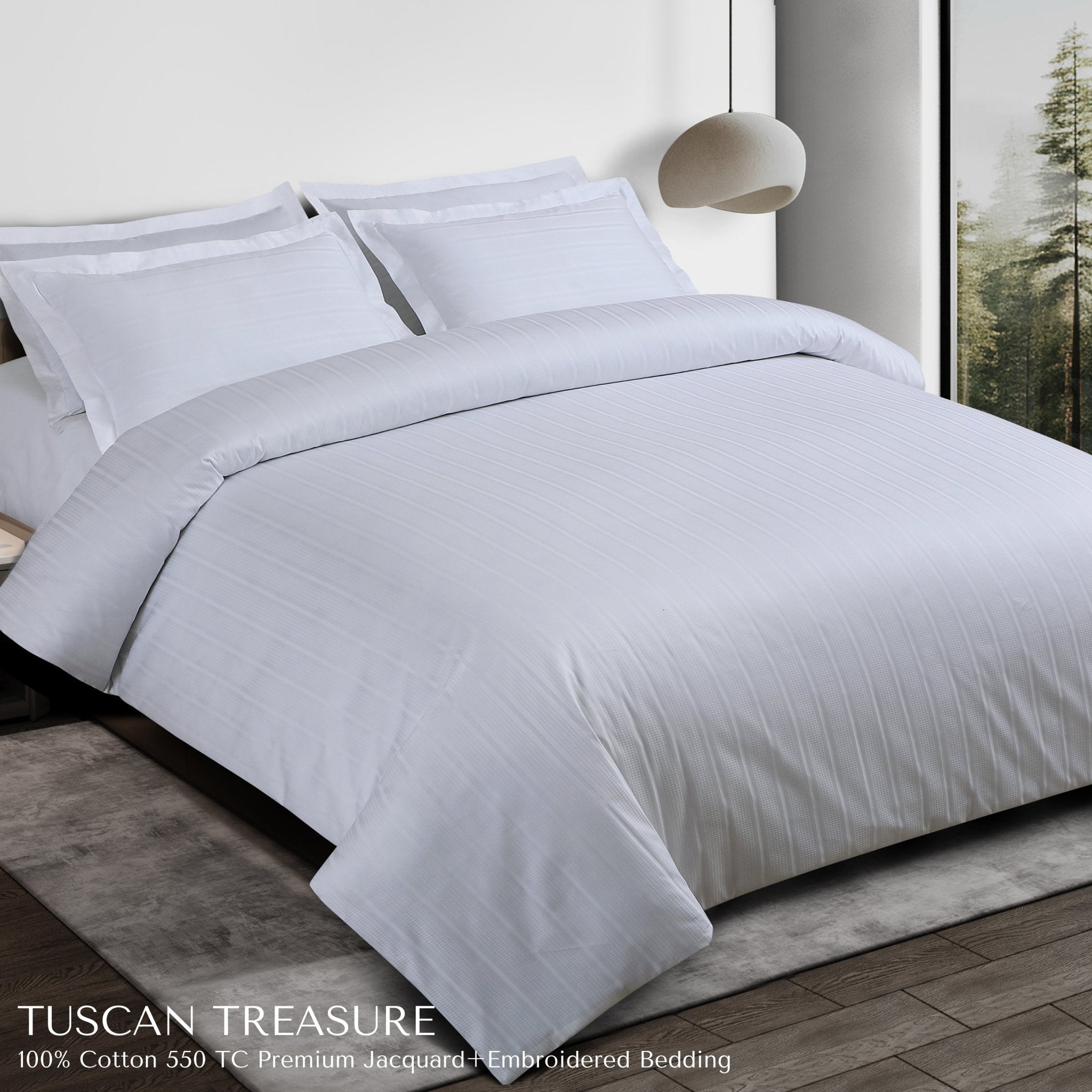 Malako Tuscan Treasure Striped Jacquard + Embroidered White 550 TC 100% Cotton King Size Bedding - MALAKO