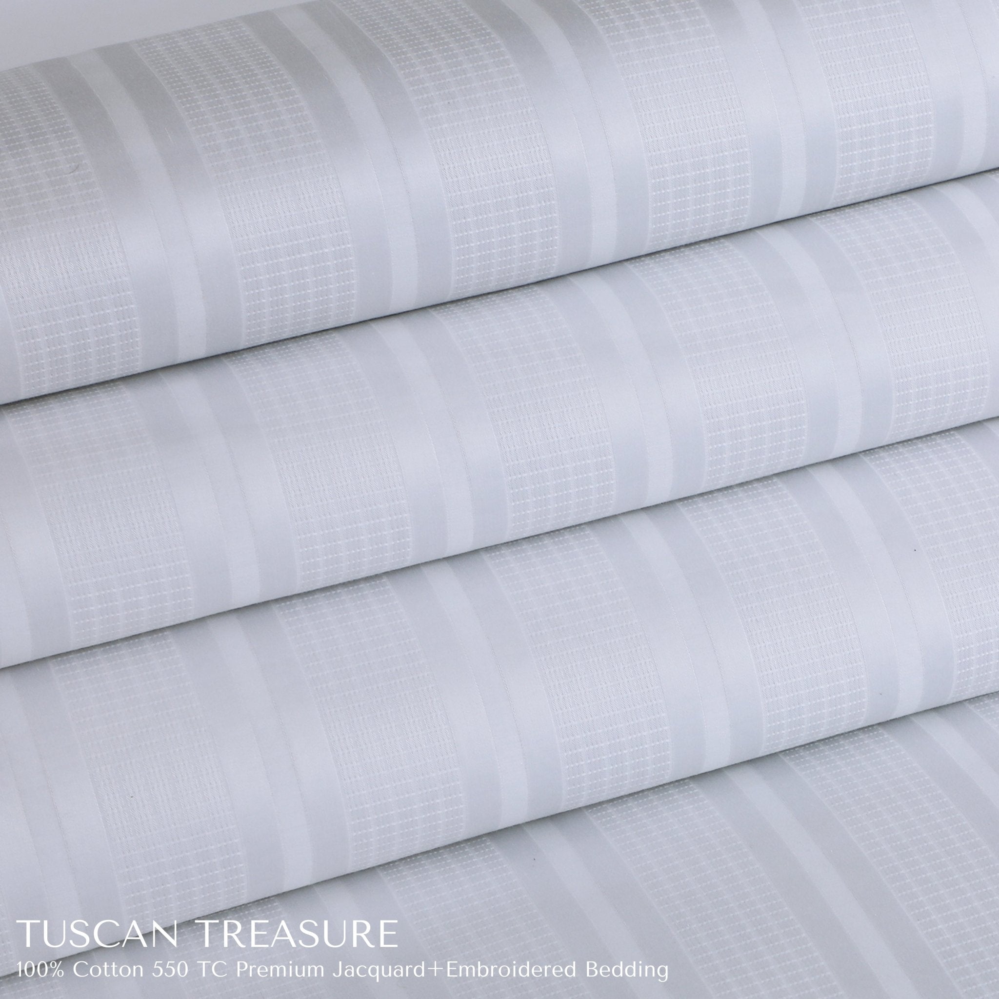 Malako Tuscan Treasure Striped Jacquard + Embroidered White 550 TC 100% Cotton King Size Bedding - MALAKO