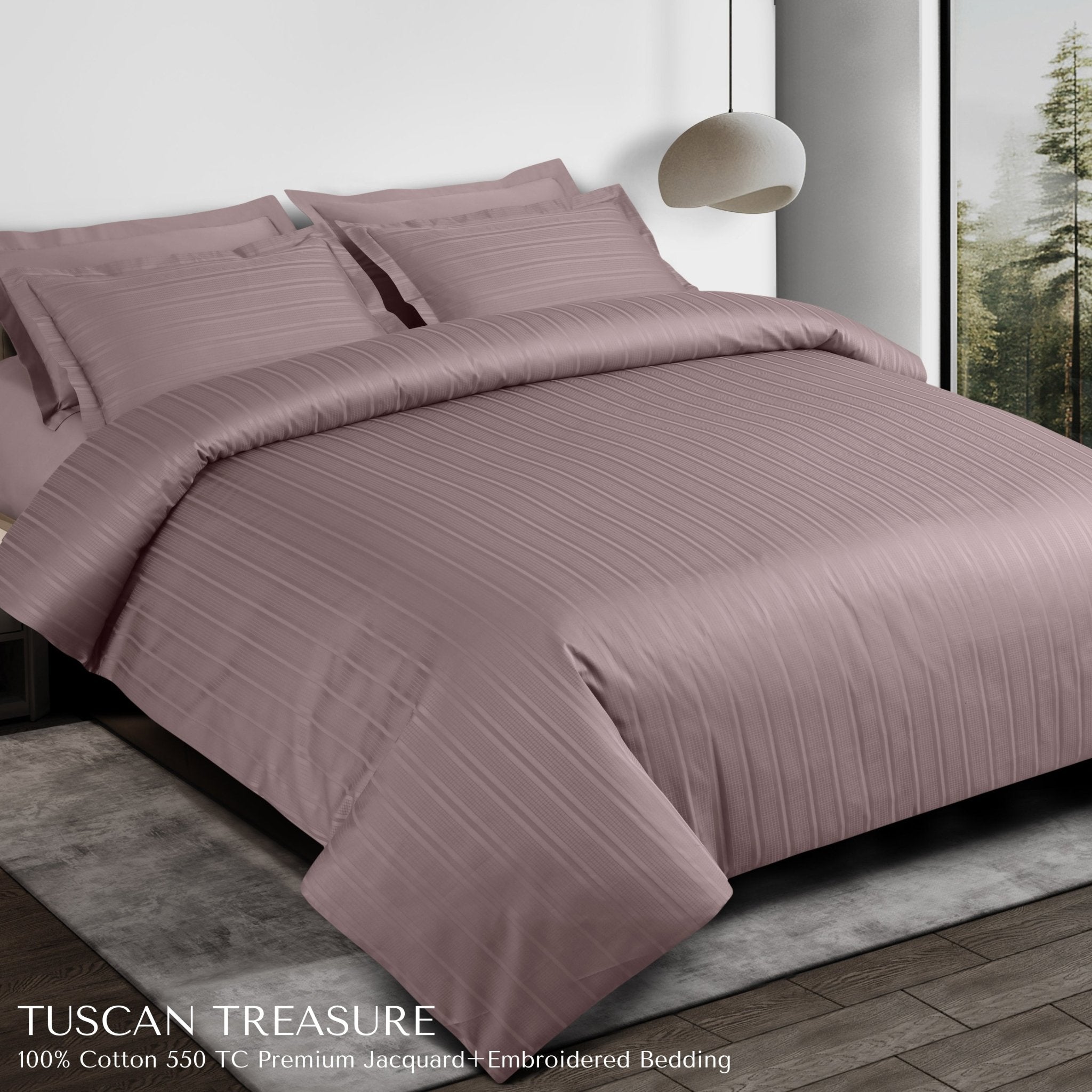 Malako Tuscan Treasure Striped Jacquard + Embroidered Wine 550 TC 100% Cotton King Size Bedding - MALAKO