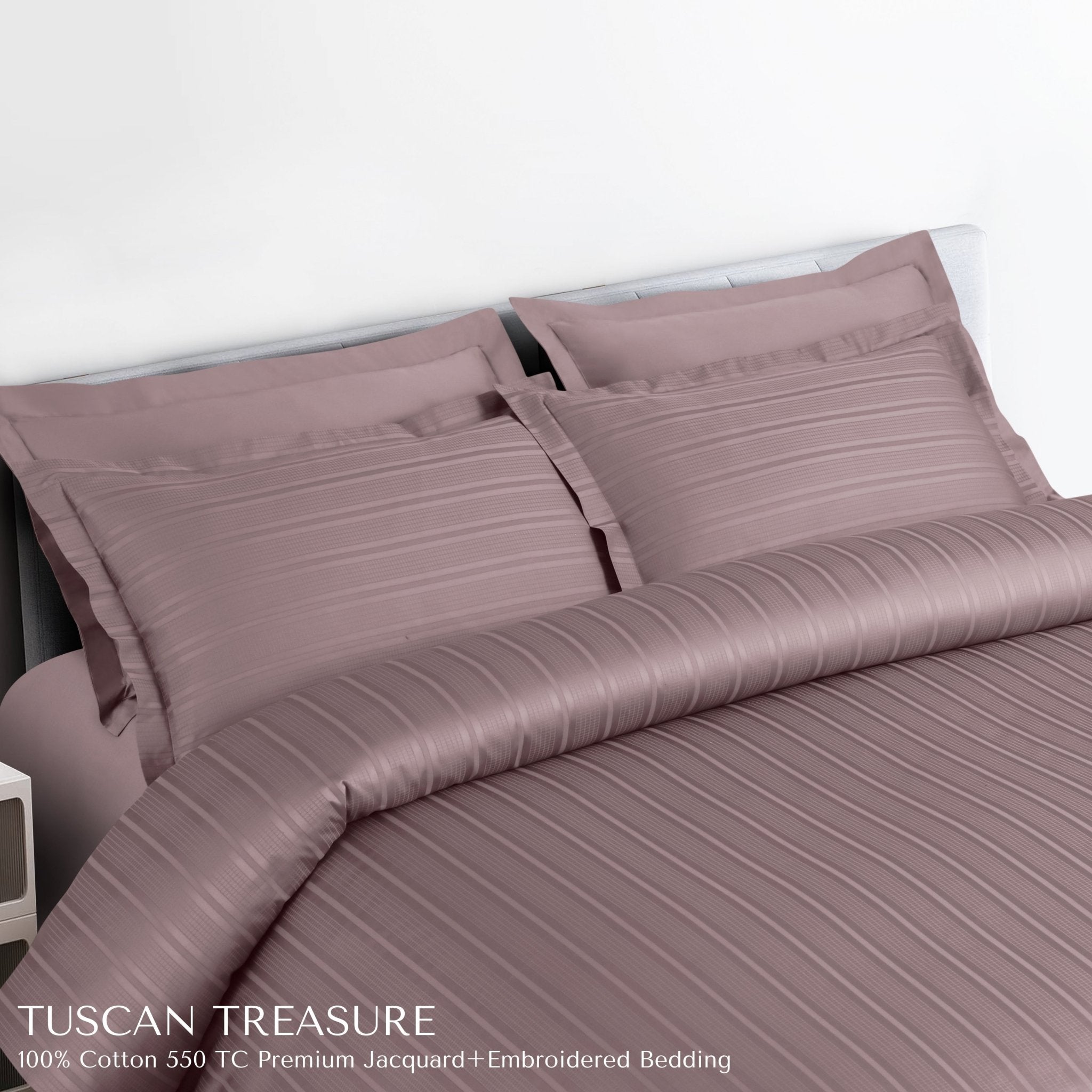 Malako Tuscan Treasure Striped Jacquard + Embroidered Wine 550 TC 100% Cotton King Size Bedding - MALAKO
