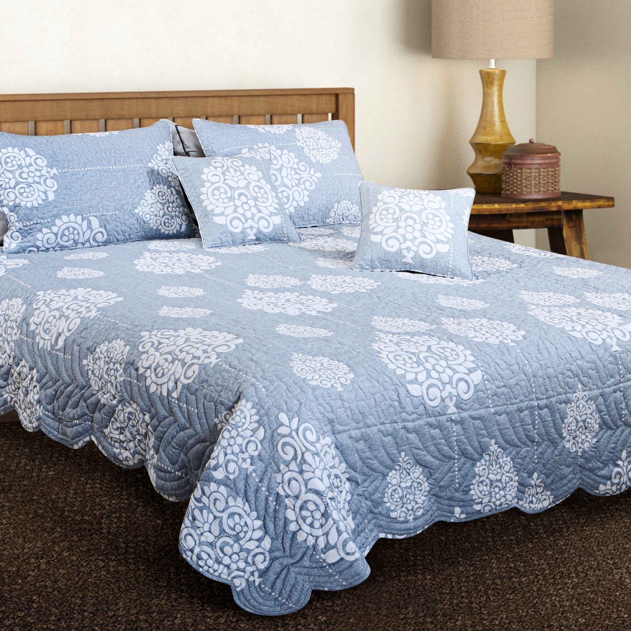 Petal Soft 100% Cotton Blue Ethnic King Size 5 Piece Quilted Bedspread Set - MALAKO