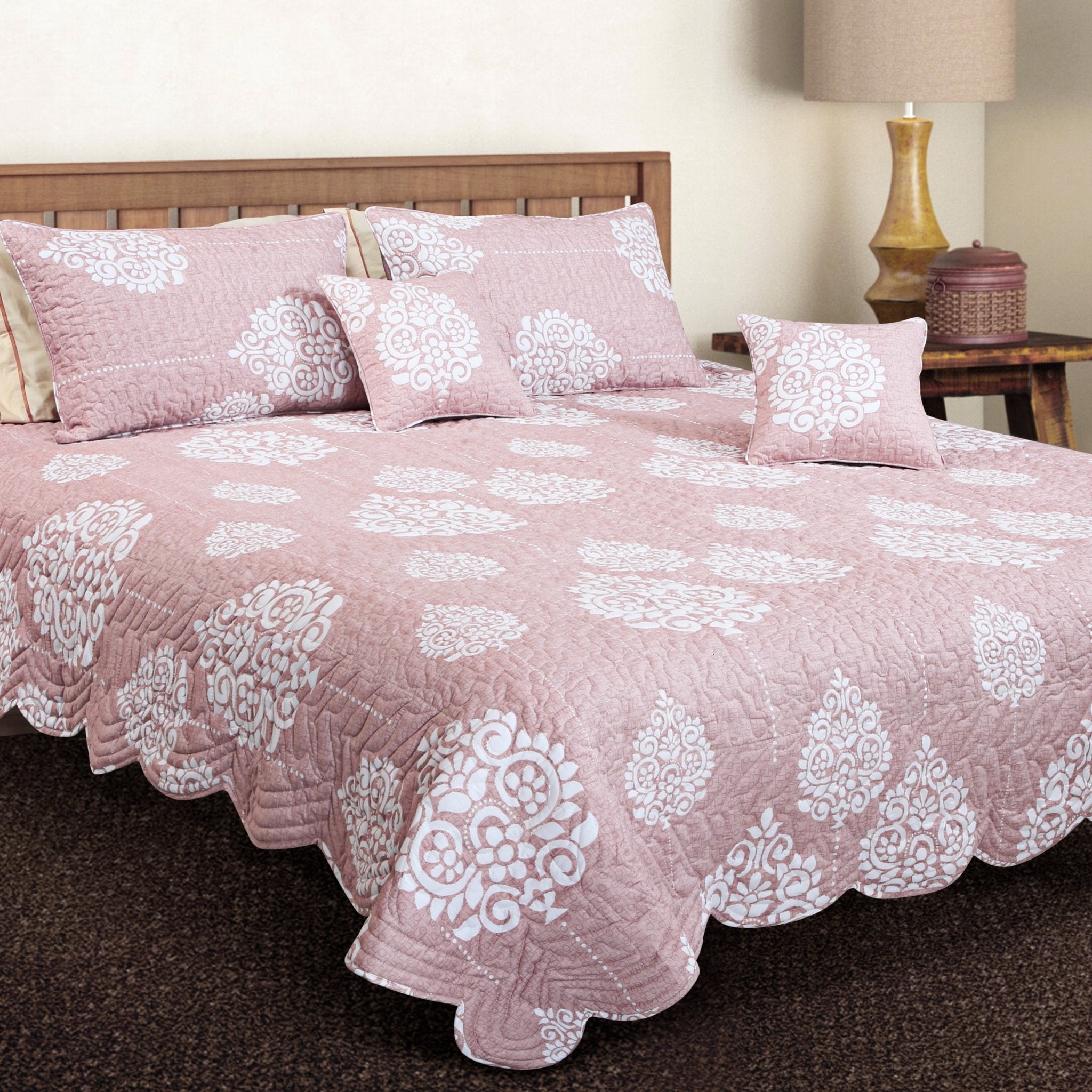 Petal Soft 100% Cotton Peach Pink Ethnic King Size 5 Piece Quilted Bedspread Set - MALAKO