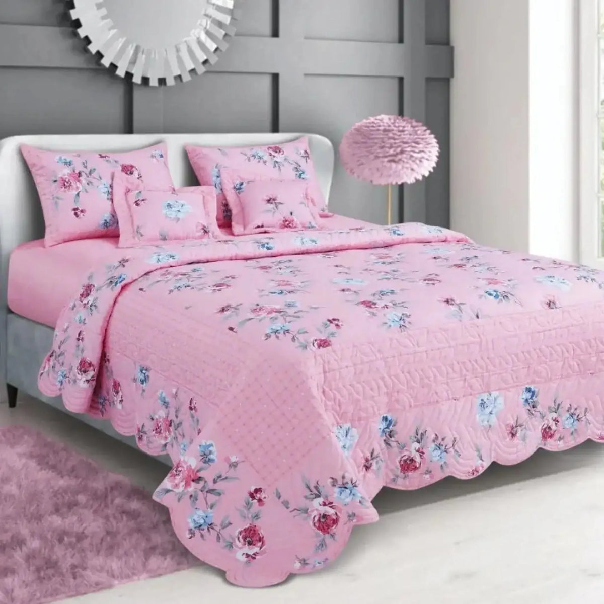 Petal Soft Orchid Quilted Bed Cover - Pink Floral 100% Cotton King Size Bedspread