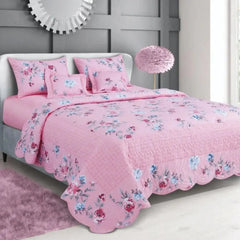 Petal Soft Orchid Quilted Bed Cover - Pink Floral 100% Cotton King Size Bedspread