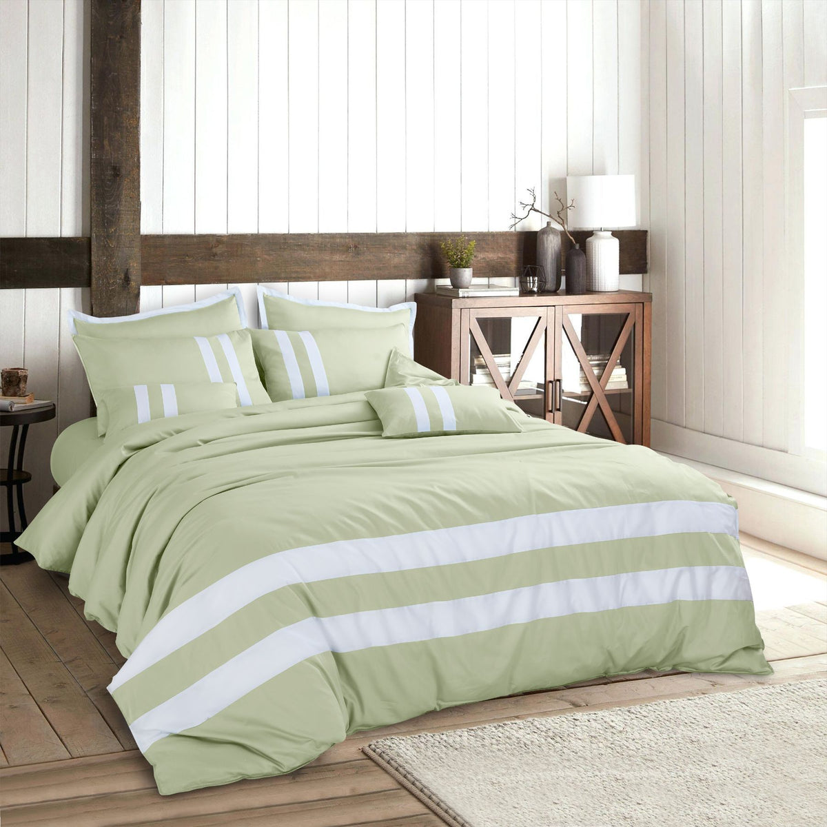 Malako Luxe Sage Green Plain Striped 100% Cotton King Size Duvet Cover Set