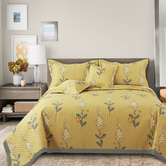 Malako Royale 100% Cotton Yellow Botanical King Size 5 Piece Quilted Bedspread Set
