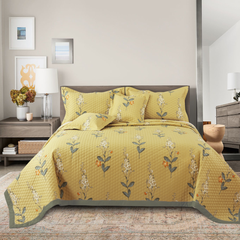 Malako Royale 100% Cotton Yellow Botanical King Size 5 Piece Quilted Bedspread Set
