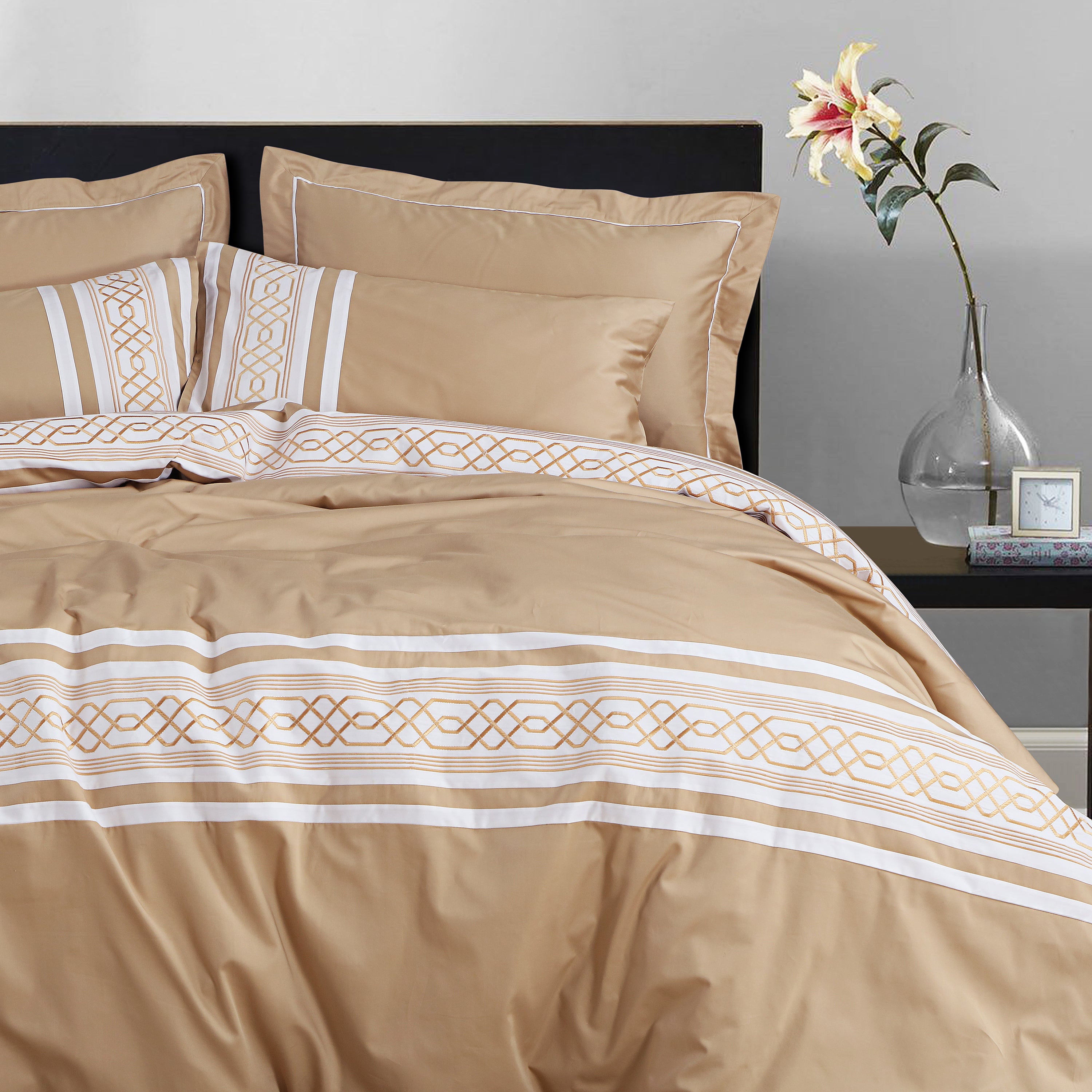 Malako Embroidered Duvet Cover Set - Beige 100% Cotton King Size Duvet Set