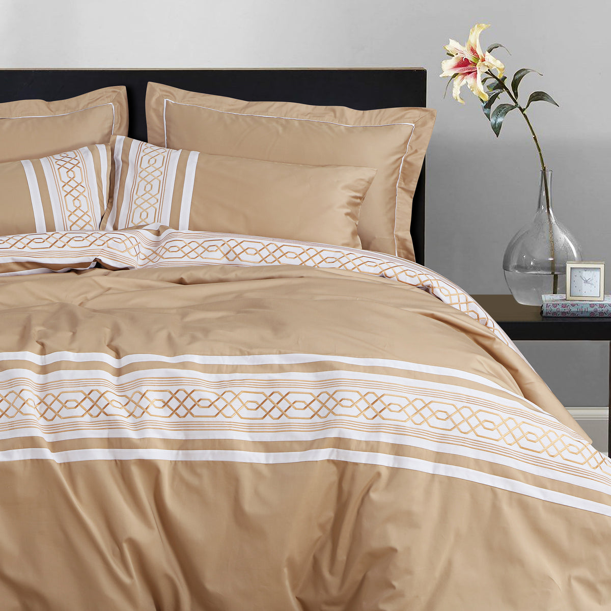 Malako Embroidered Duvet Cover Set - Beige 100% Cotton King Size Duvet Set