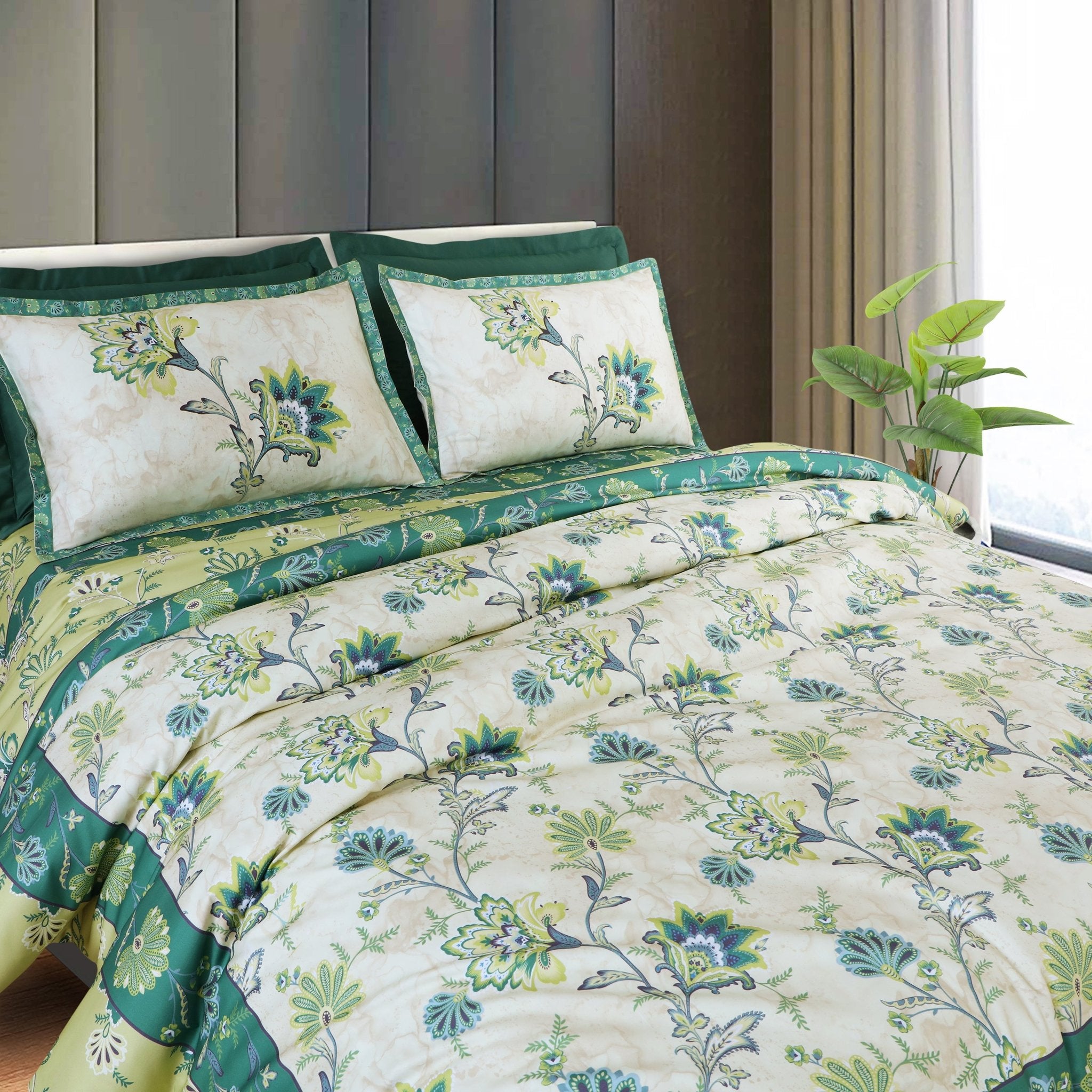 Green Floral 100% Cotton King Size Bedsheet/Comforter Set – MALAKO