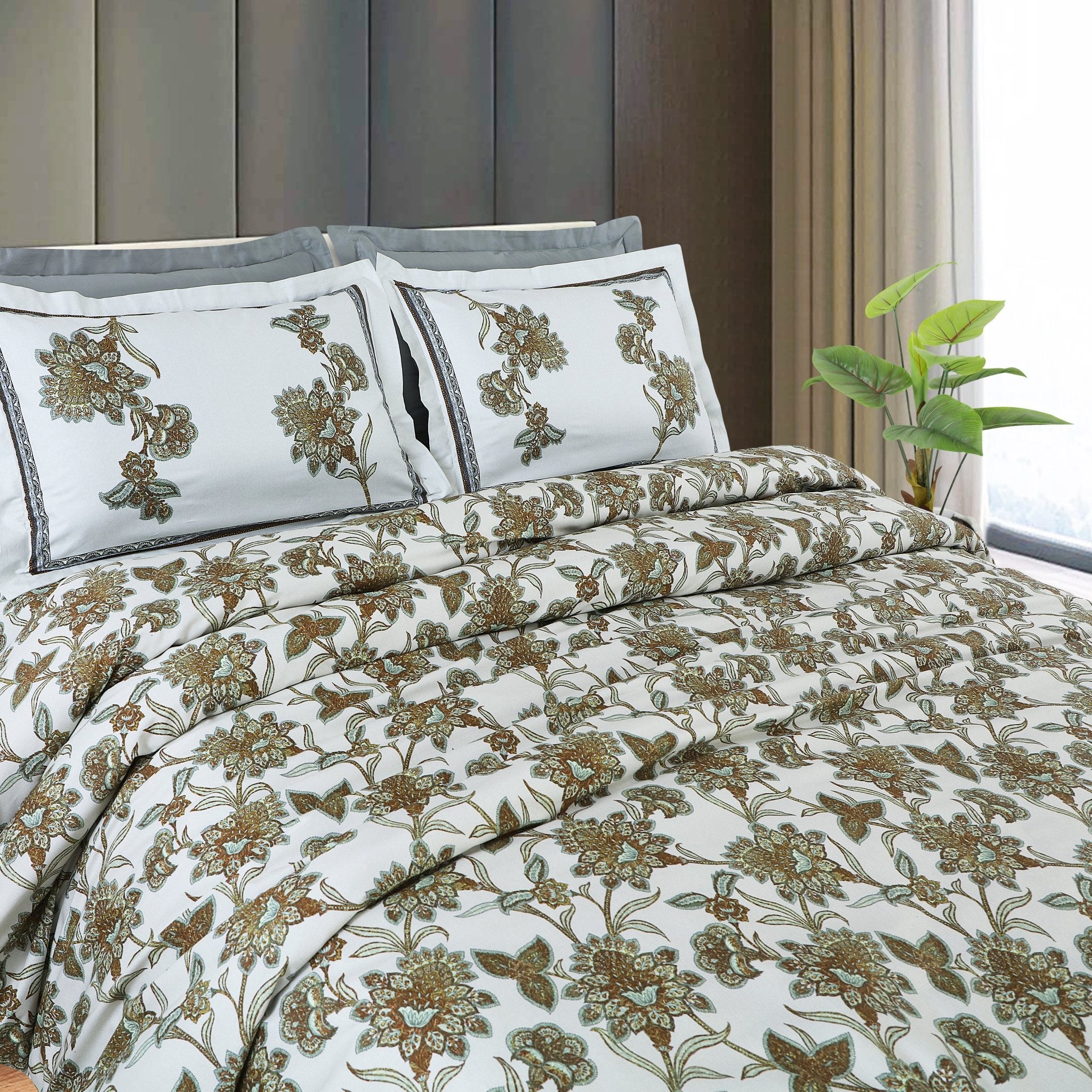 100% Cotton King Size Off White/Green Botanic Sion Bedding Collection - MALAKO