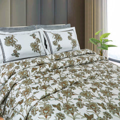 100% Cotton King Size Off White/Green Botanic Sion Bedding Collection - MALAKO