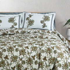 100% Cotton King Size Off White/Green Botanic Sion Bedding Collection - MALAKO
