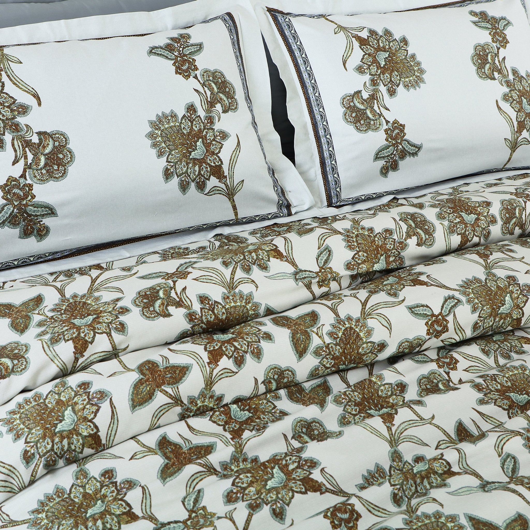 100% Cotton King Size Off White/Green Botanic Sion Bedding Collection - MALAKO