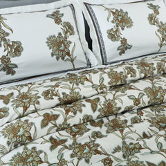 100% Cotton King Size Off White/Green Botanic Sion Bedding Collection - MALAKO