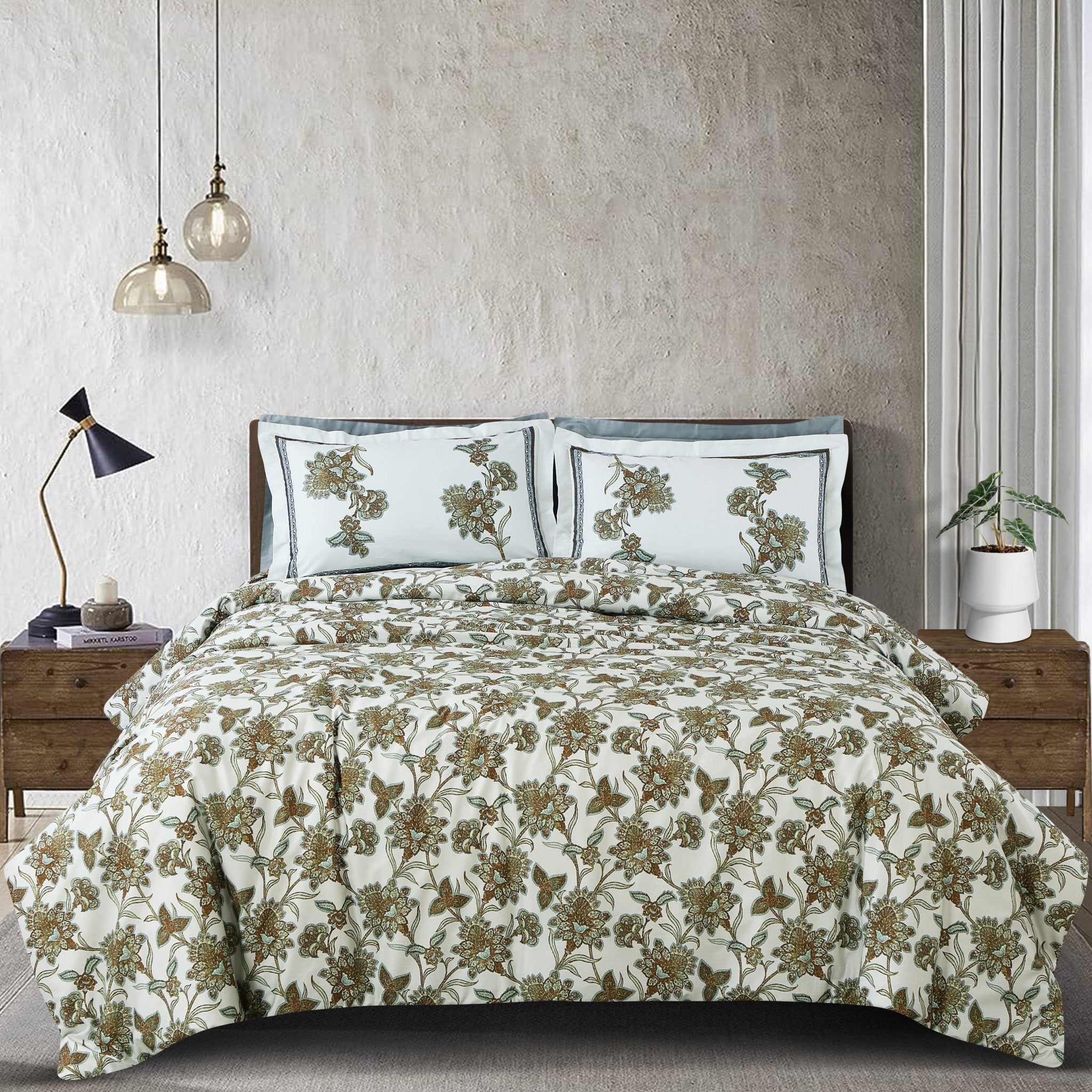 100% Cotton King Size Off White/Green Botanic Sion Bedding Collection - MALAKO