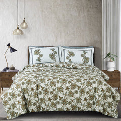 100% Cotton King Size Off White/Green Botanic Sion Bedding Collection - MALAKO