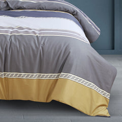 Malako Royale XL Bedding Set - Grey & Yellow Stripes 100% Cotton King Size Bedsheet With Comforter