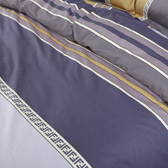 Malako Royale XL Bedding Set - Grey & Yellow Stripes 100% Cotton King Size Bedsheet With Comforter